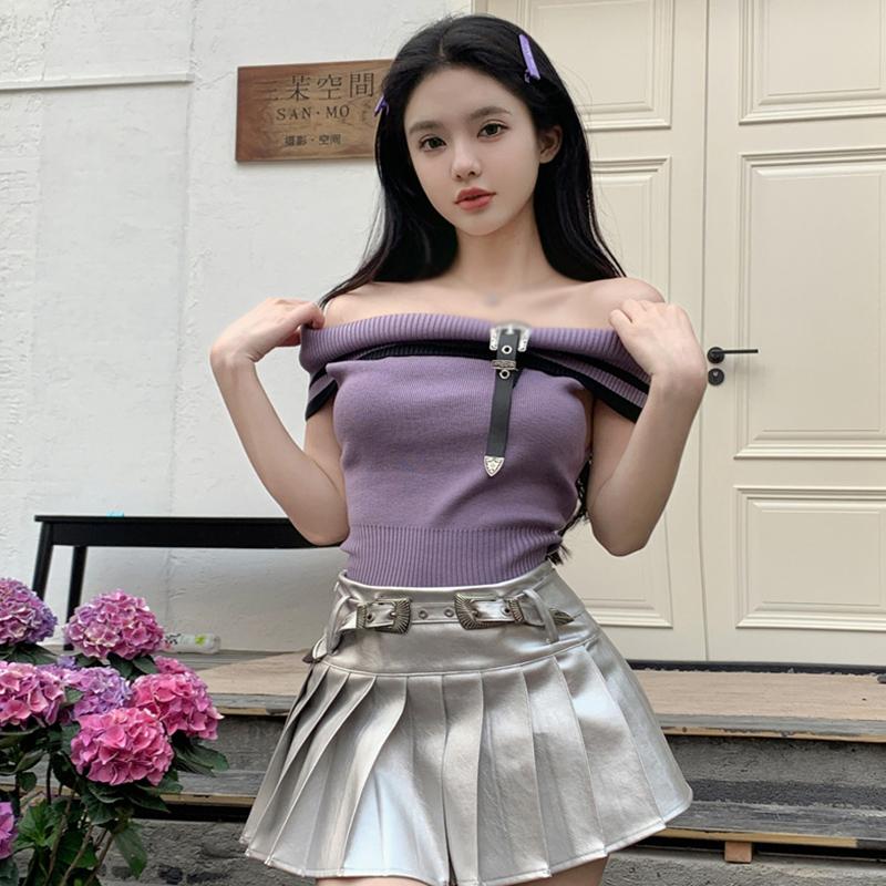 Wąska koszulka z dzianiny z odkrytymi ramionami dla kobiet Kontrastowy kolor, bez rękawów, na co dzień, wszechstronny, dolny sweter