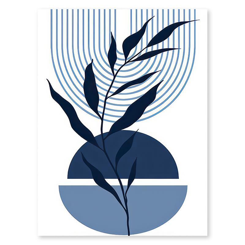 Set of 6 Blue Boho Leaves Canvas Painting Simple Lines Colour Block Nordic Modern Wall Art Home Bedroom Decoration Poster