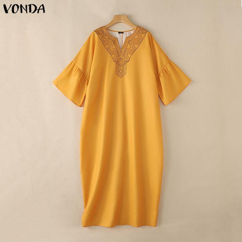 VONDA Women Ruffled 3/4 Sleeve Print Casual Long Baggy Maxi Robe Dress Nonelastic