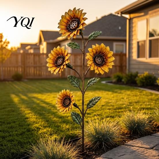 Sturdy Soil Mount Bird Feeder Vintage Sunflower Hummingbird Feeder, Metal Garden Stake Water Station, Decorative Nectar Cup for Hummingbirds