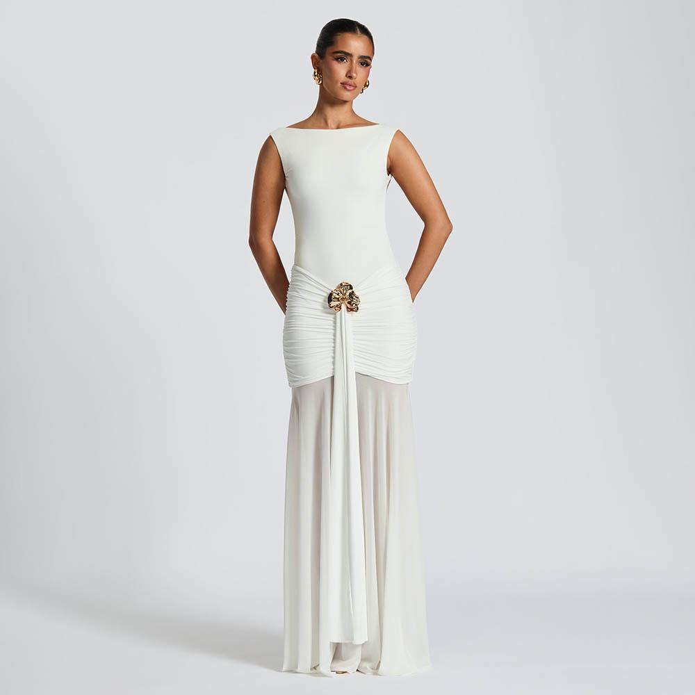 European Style Women s Sexy Sleeveless Backless Solid Color Pleated Long Dress L