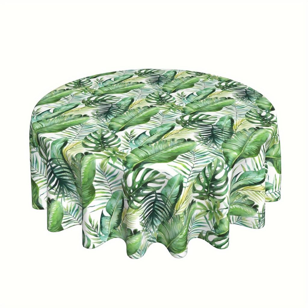 Round Polyester Tablecloth, printed with bright green pineapple & tropical leaves. Durable, reusable and easy to clean. Great decor for kitchen, dinin
