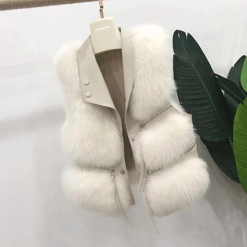 

Меховой жилет женская одежда осень и зима короткая куртка локомотив новый тонкий жилет сращивание искусственный мех лисий жилет S белый