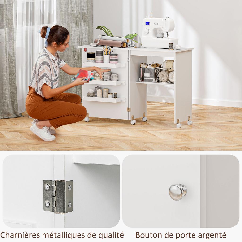Masă de cusut pliabilă mobilier de cusut cu blat rabatabil cu cutii de depozitare, raft deschis și rotile, alb