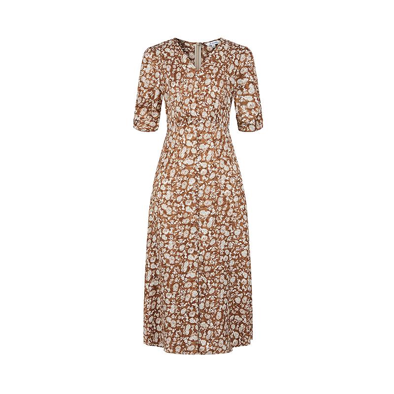 Jiuzi Anna Kou Elegant Holiday Plant Printed Bubble Wrinkle Texture Waist Dress for Women 2025 Summer New Style