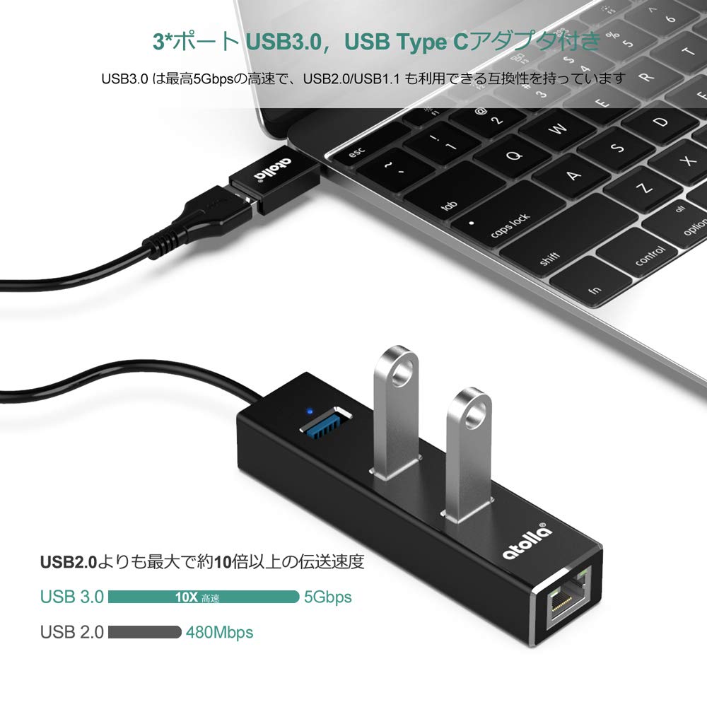 Atolla USB Hub Wired LAN RJ45 USB HUB 3 Port LAN RJ45 Hub 1 Port 1000Mbps Erweiterung USB C Hub mit Typ c Konvertierungsadapter 3.0 Adapter,