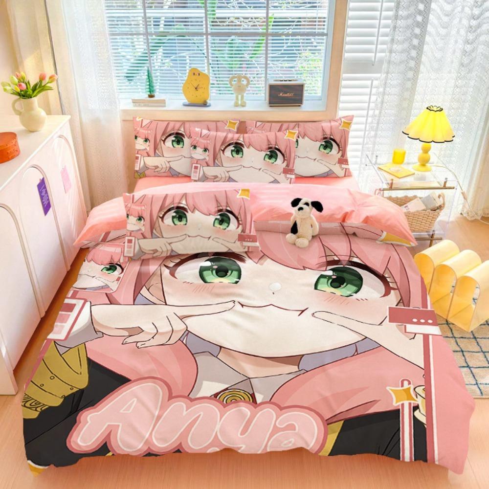 Cartoon Anime girl,Microfibre Bedding Sets, Children's Bed Decor Duvet Cover for Teenagers Adult 3-Piece  with Zip Room Decor