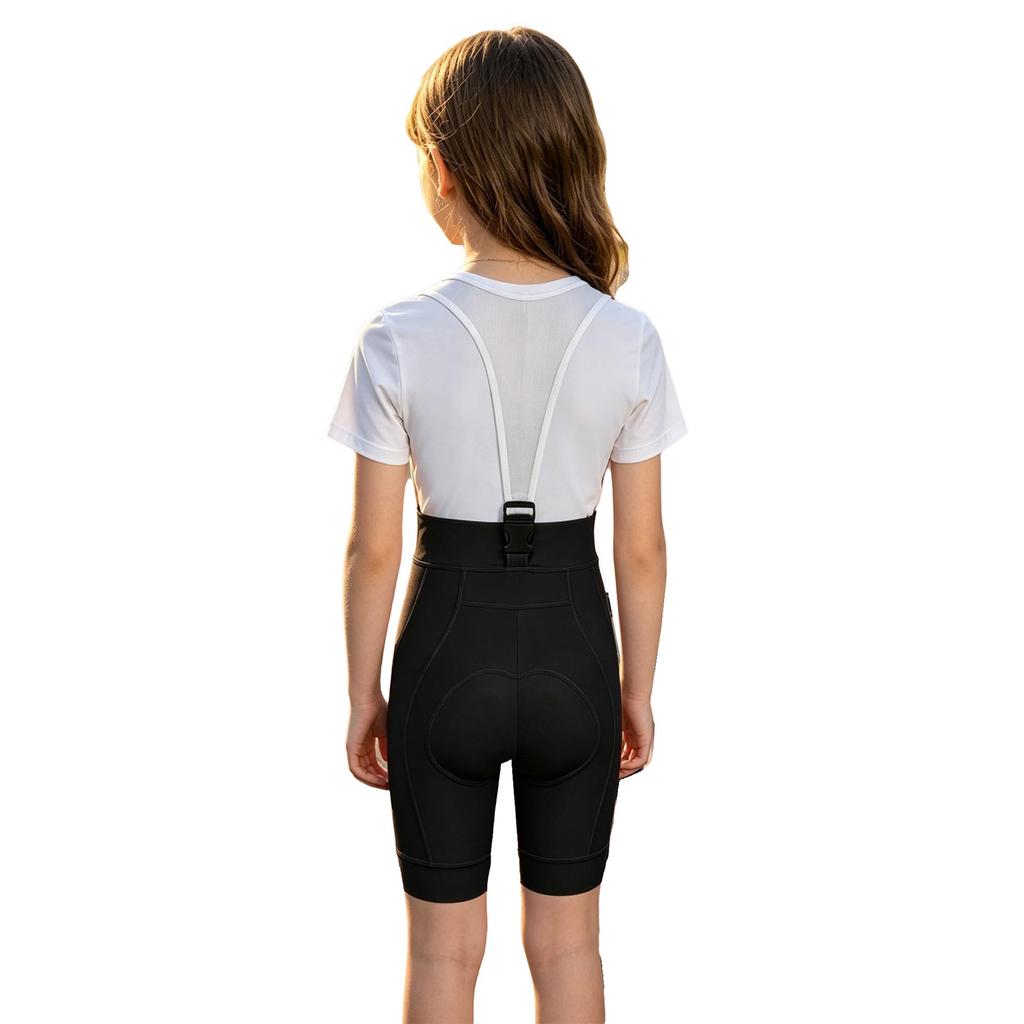 Kids Girls Cycling Bib Shorts High Waist V-Front 3D Padded Bike Shorts with Mesh Straps for Outdoor Sports Training