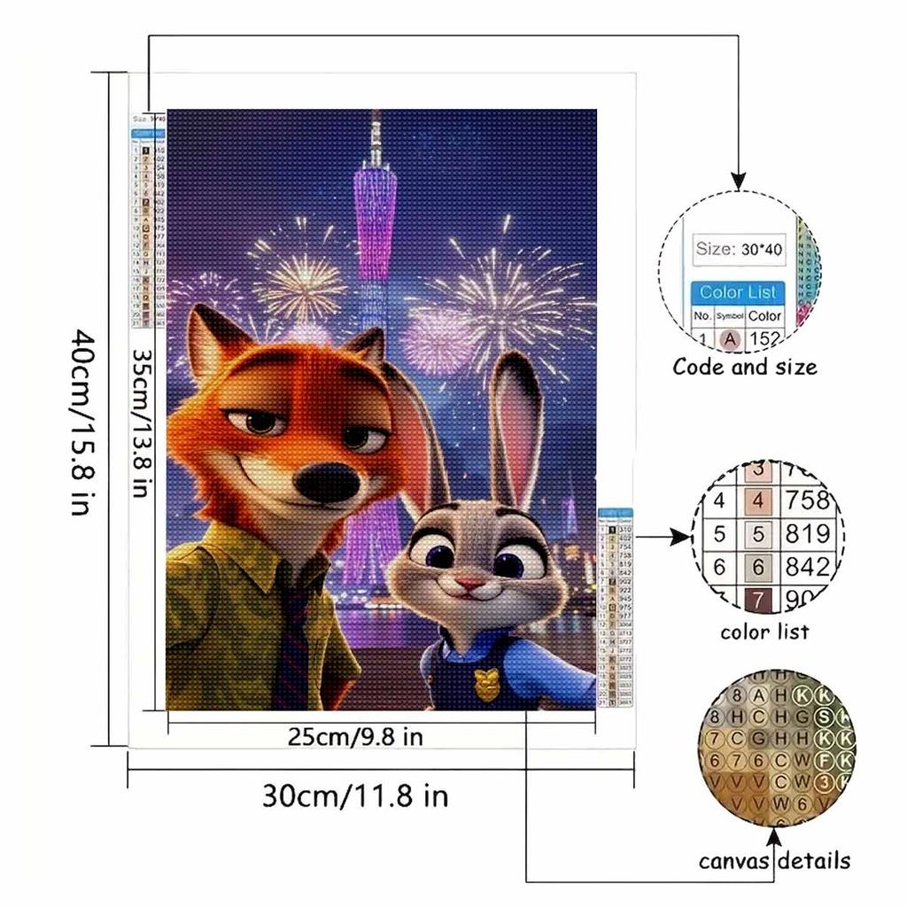 Diamantmosaik Buntes Diamantbild Nick und Polizistin Judy Das Kaninchen Vollrund Stickerei Cartoon Kreative Hobbys Wanddekor