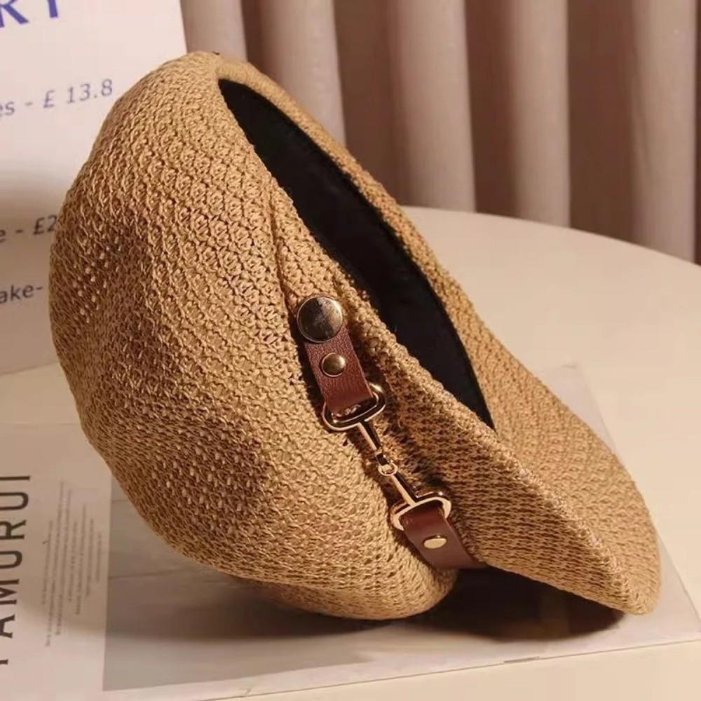 Casual Hollow Octagonal Beret Hat Breathable Leather Buckle Beach Straw Hat Spring Summer Painter Hat Sunshade Cap