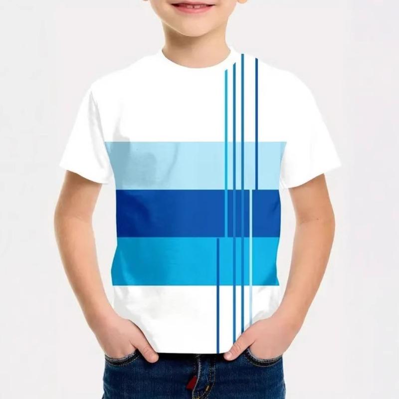 

Summer Youth Children s Clothing T-shirt Fashionable Comfortable 3D Rectangular Grid Line Printed Short Sleeve Shirt 170