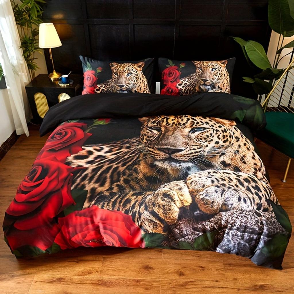 3pcs Tiger Leopard Rose 3D Print Bedding Set Cozy Comfortable Duvet Cover King Queen Twin Size Birthday Gift Bedroom Decoration