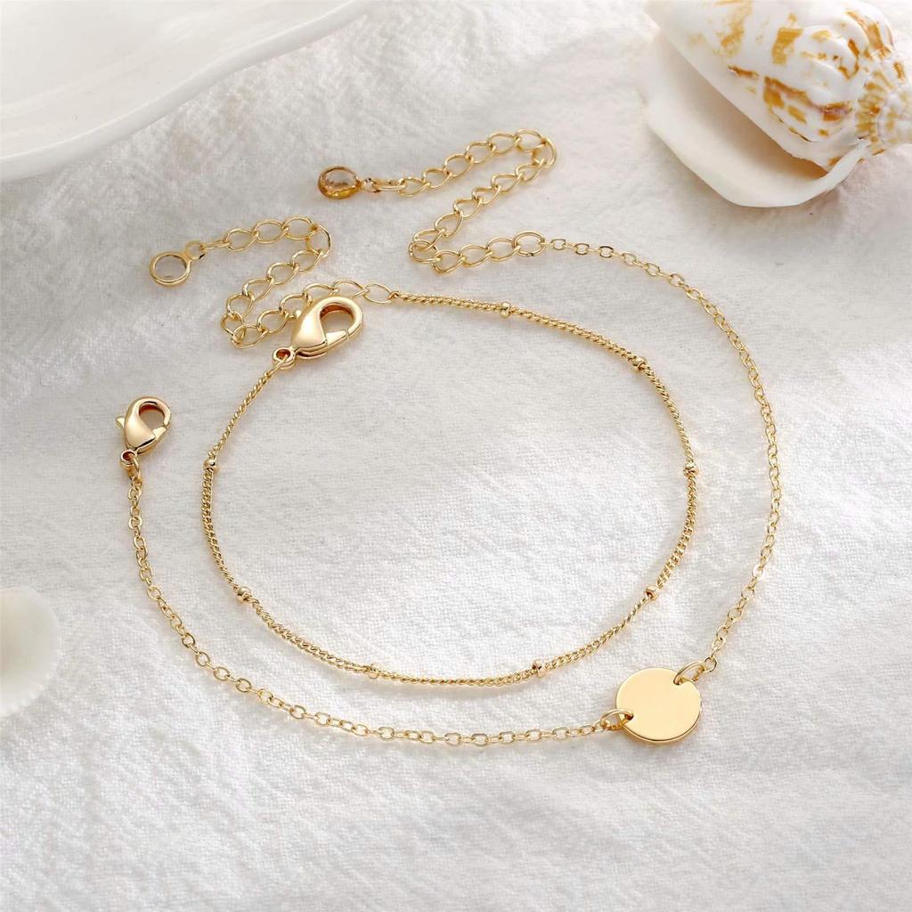 Stainless Steel Bead Chain Bracelet Set with 18K Gold Double Layer, Featuring Double Hole Round Disc Charms.
