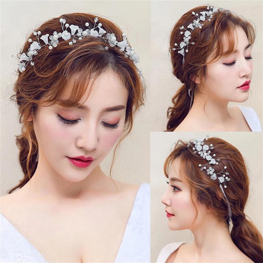 Silver Color Handmade Pearl Flower Headband Bridal Wedding Crown Hair Accessories Hair Band Tiara Crystal Headpiece Hair Jewelry