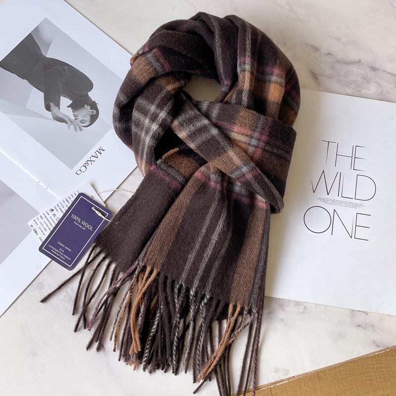 Green Pure Wool Plaid Thickened Warm Scarf Men's and Women's New Winter Couple Scarf Advanced Sense