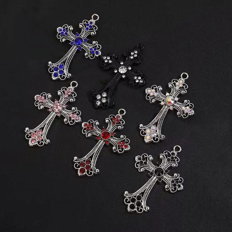 Accessories Hollow Pattern Necklace Colored Diamond Cross Pendant Necklace Simple Retro Versatile Sweater Chain