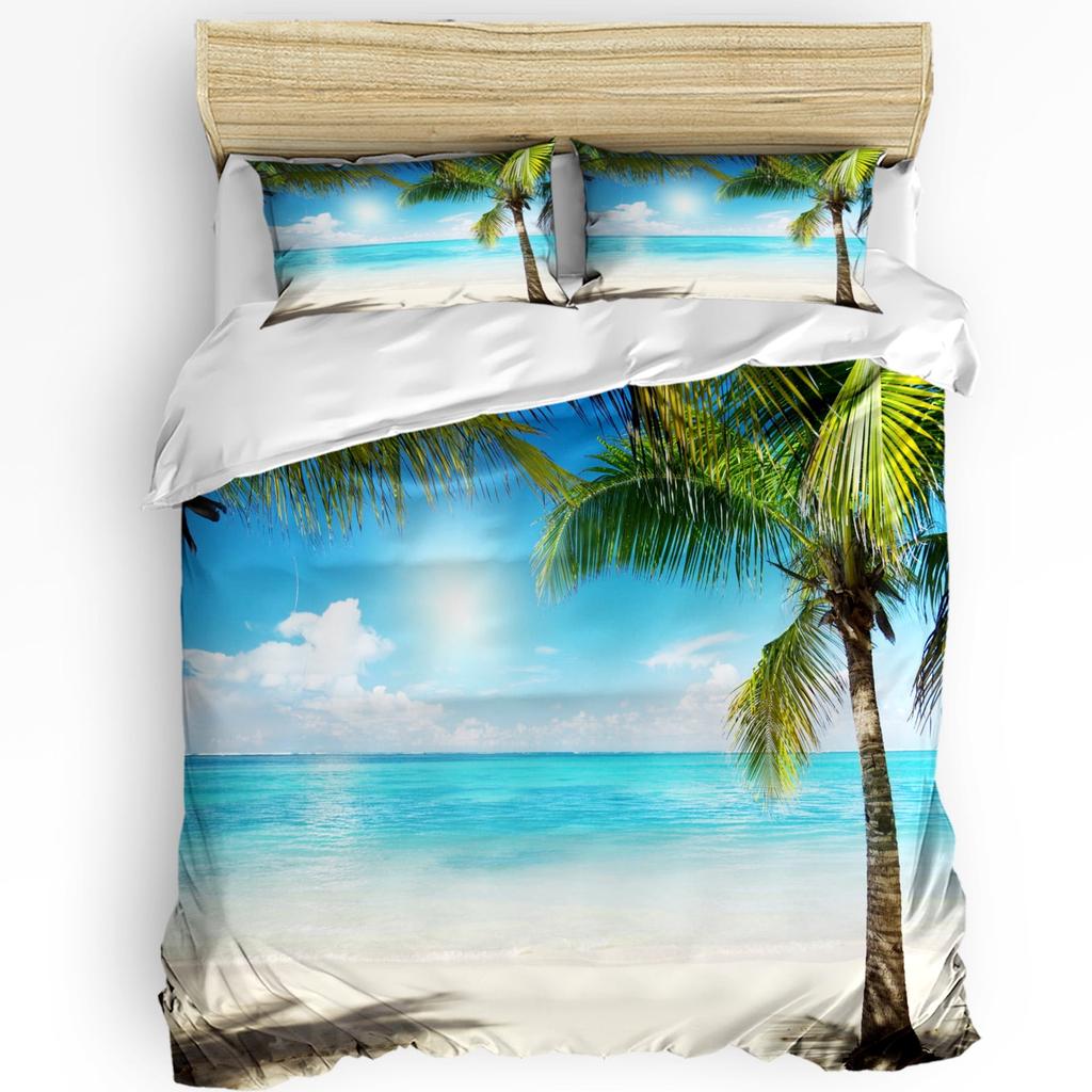 Seashore Duvet Cover Set Queen Size Splashing Waves On Sandy Beach Coconut Palm Trees Scenic Island View Warm Soft Breathable