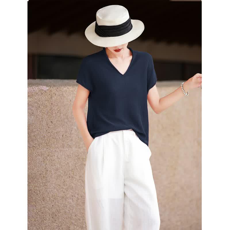 Women's V-Neck Short Sleeve Knitted Top