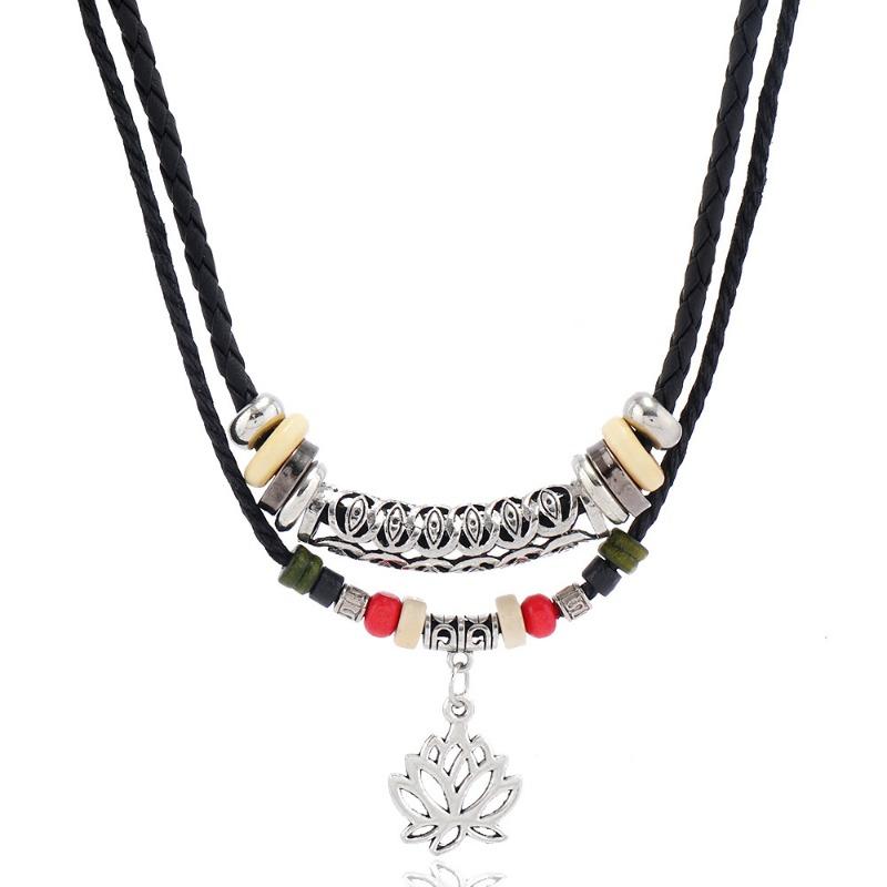 

TEMU new product 1-piece set personalized fashion wax line beaded wood bead lotus pendant necklace new чорний