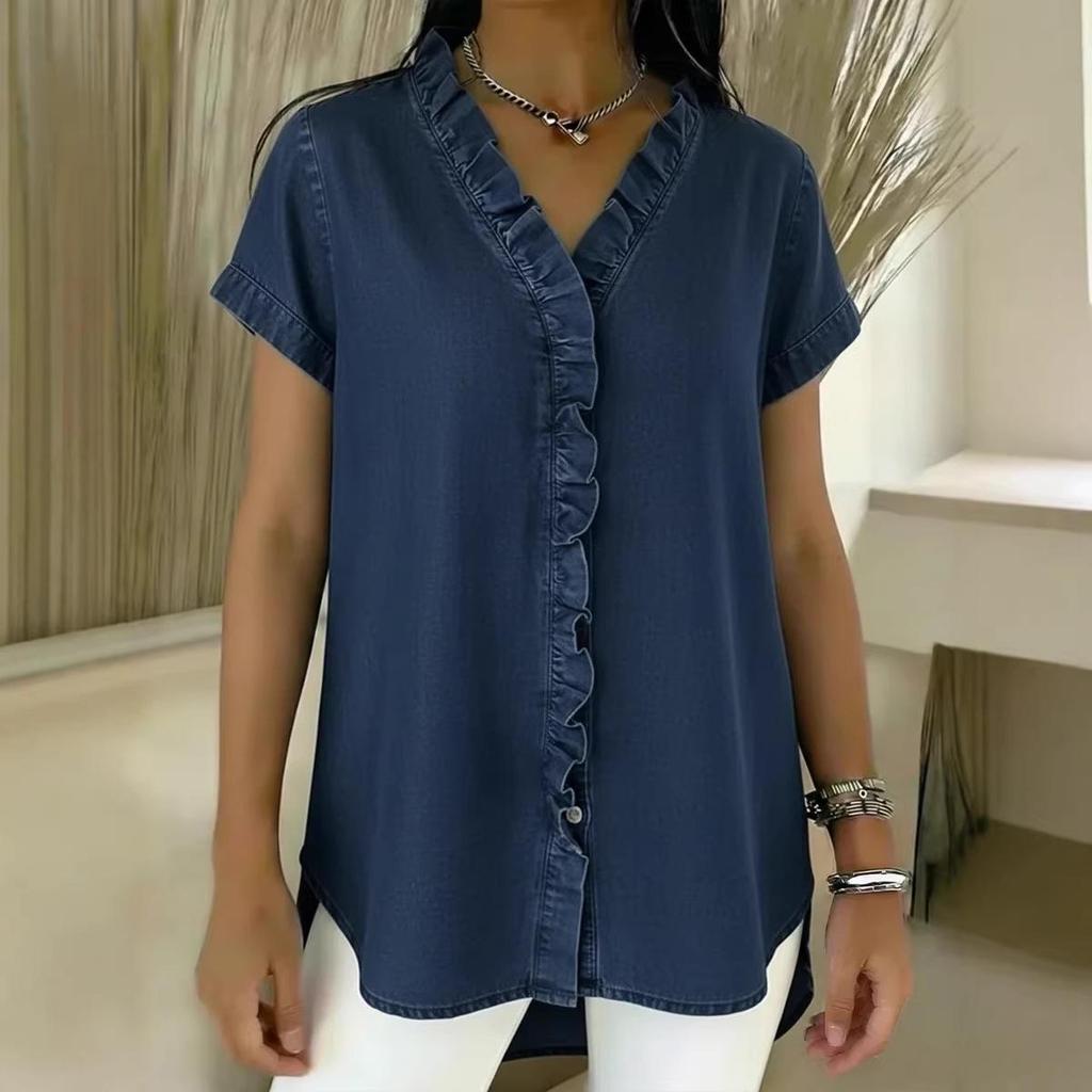 European & American V-Neck Ruffle Faux Denim T-Shirt - 2026 Collection, Short Sleeve, Casual Style