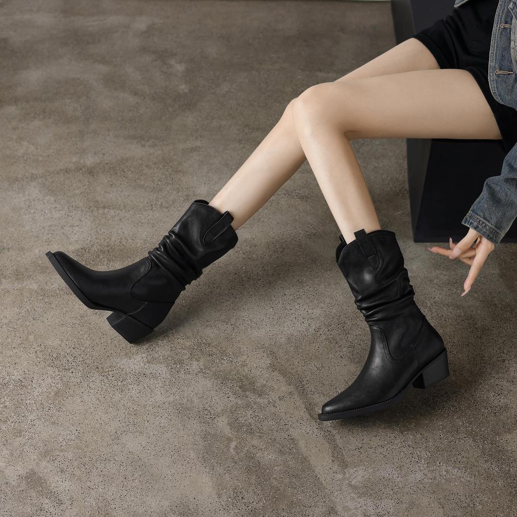 Krazing Pot Genuine Leather Autumn Winter Shoes Med Heels Size 41 Western Boots Pointed Toe Slip on Ankle Boots