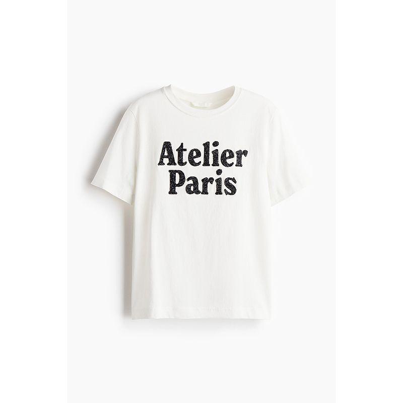 

HM Women s T-shirt 2025 Summer New Arrival Short Sleeve Bottoming Fresh Print T-shirt 1274171 White/Atelier Paris 155/76(XXS)