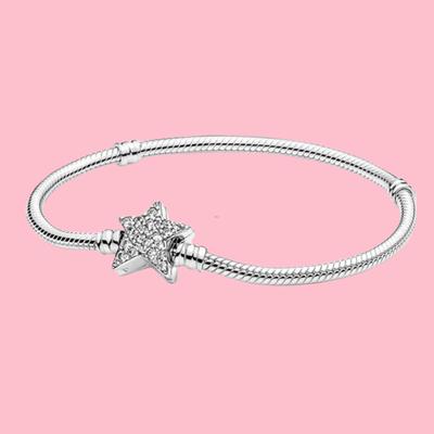 S925 Silver Asymmetric Star Clasp Snake Chain Bracelet Fit For Women's Birthday Gift With Cloth Bag