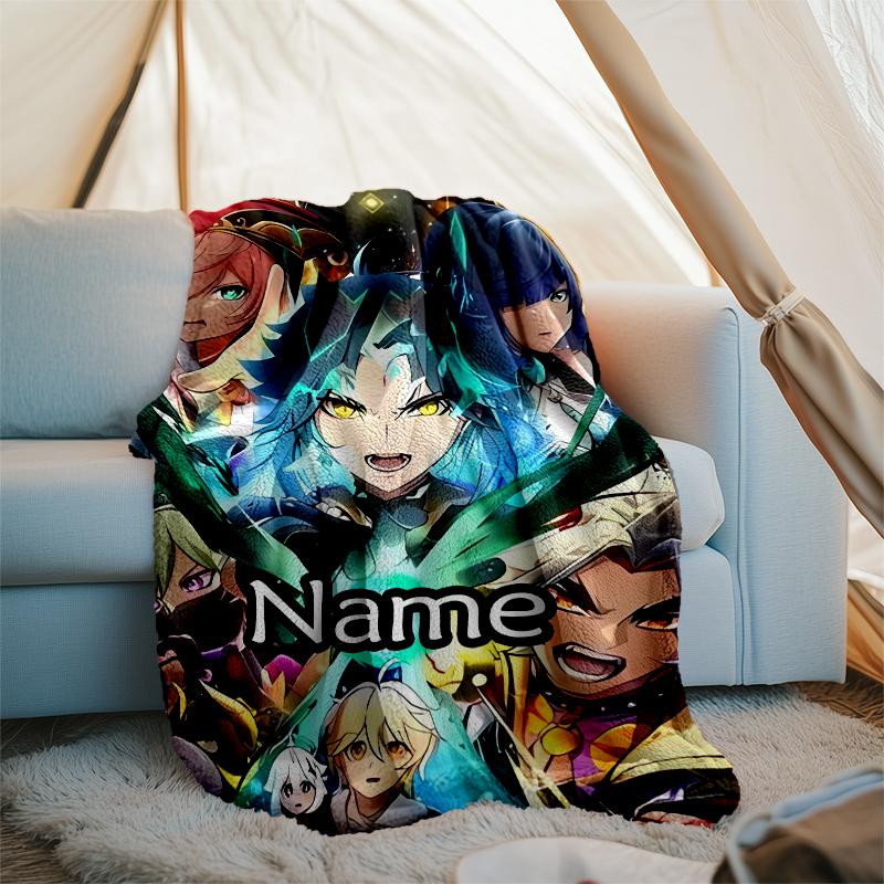 Pătură Personalizată cu Nume - Design cu Personaje Genshin Impact, Pătură pentru Canapea, Pat, Călătorii, Camping - Moale și Călduroasă, Cadou Minunat