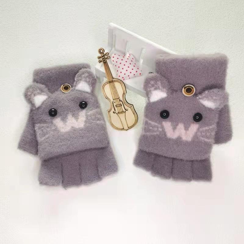 Dětské zimní teplé a proti omrzlinám ruce roztomilé kreslené pletené rukavice bez prstů s odklápěcím palčákem pro chlapce a dívky, starší děti a studenty