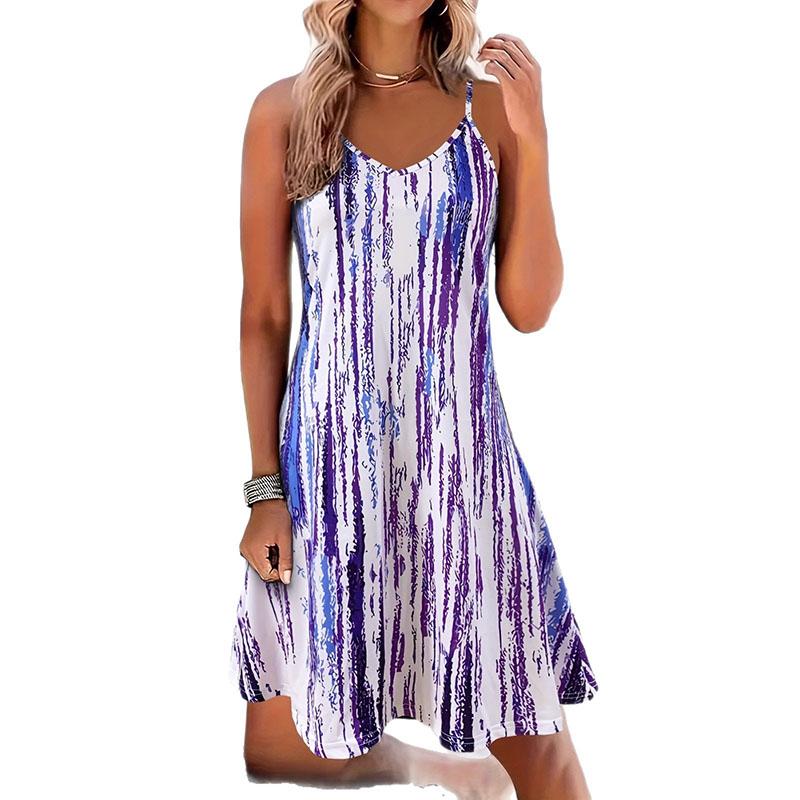 Bohemian V-Neck Sleeveless A-Line Dress – Flowy Tie-Dye Print Mini Dress for Women, Casual Summer Sundress with Spaghetti Straps S фиолетовый