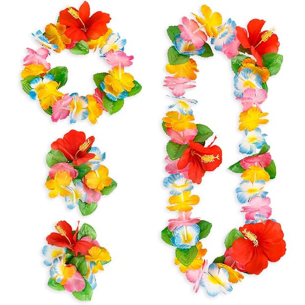4 Pieces Hawaiian Leis Set Green Red Luau Leis Hawaiian Flowers Leaves Wreath Garland Tropical Floral Accessories for Hawaiian Luau Party Wedding