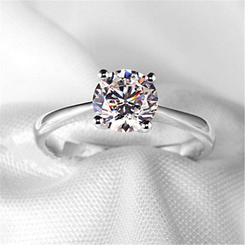 S White Gold-Color Ring Ladies Exquisite Simple Model Four Claws With Solder Glass Diamond Live Mouth Copper Alloy Jewelry
