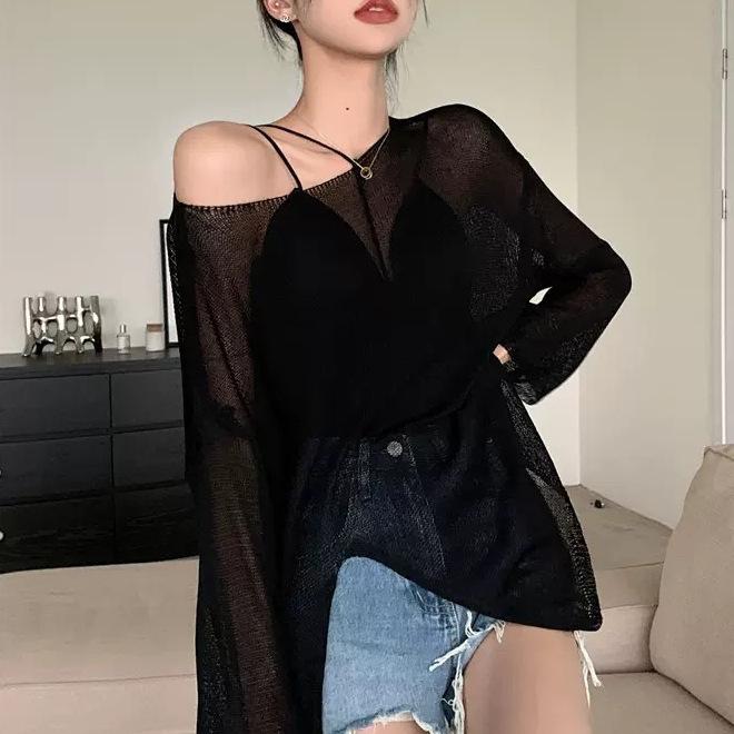 Korean Version of Sunscreen Knitted Sweater 1116 Summer New Long-sleeved Thin Seaside Temperament Blouse V-neck Loose Air-conditioning Shirt