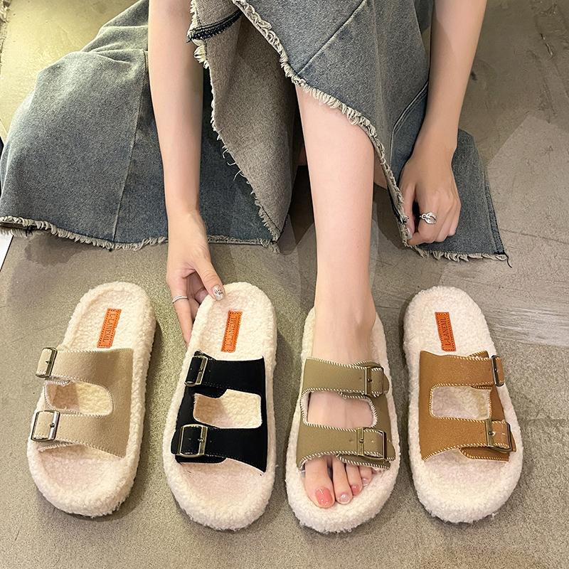 Fashion Women's Slippers Fur Plush Platform Wear Non-slip Slippers Casual Fashion Pin Buckle Roman Flip-flops Winter New Style