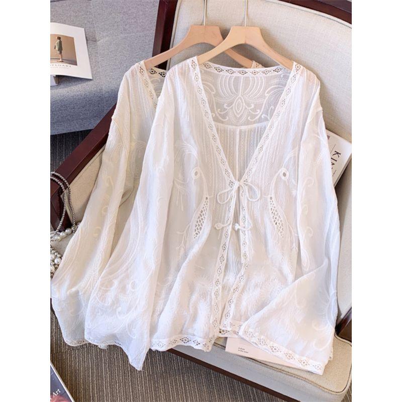 Plus Size New Chinese Style Embroider Lace Lace Sweet Long Sleeve Shirt Women's Spring & Fall Loose Thin V-neck Outer Tops
