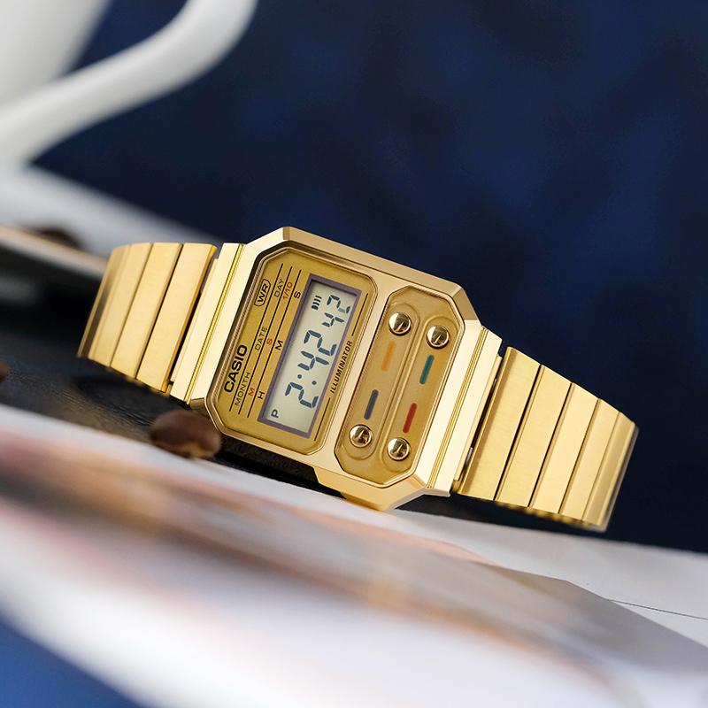 Casio Youth Series Metal Square Pac-Man Retro Luminous Waterproof Watch Quartz Movement Stainless Steel Strap Men watches Gold A100WEG-9APR