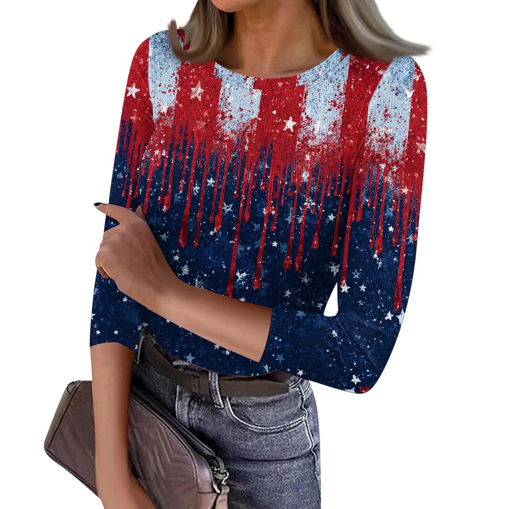 Women's Casual Fashion Round Neck Independence Day Print Three-Quarter Sleeve Ribbed Top