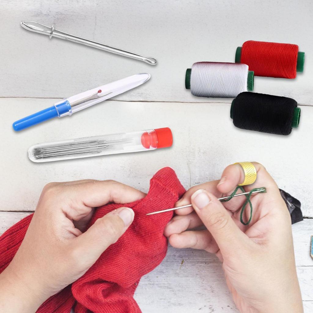 Sewing Needle Kit Compact Case Big Eye Steel Needles Thimbles Threader Set for Hand Sewing Beginners Professionals Travel Home