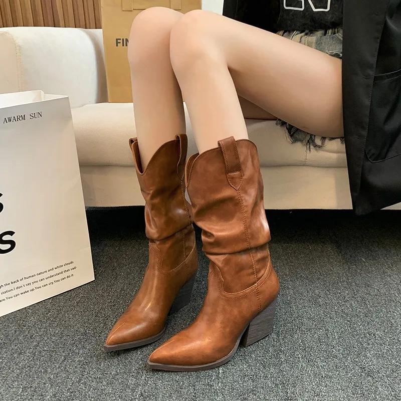 Coarse Heeled Boots for Women  Autumn New Fashion Western Boots Knight Pointed Middle Boots