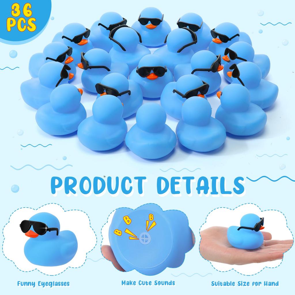 6/12/24/36Pc Mini Rubber Ducks Blue With Sunglasses Sets Duck Toys Squeaky Rubber Ducks Cute Float  Duckies For Birthday Party