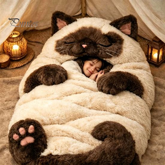 Plush Sleeping Sack Cat Envelope Bag, Winter Slumber Bag for Men Women, Lightweight Animal Nap Mat Home Travel Traveling