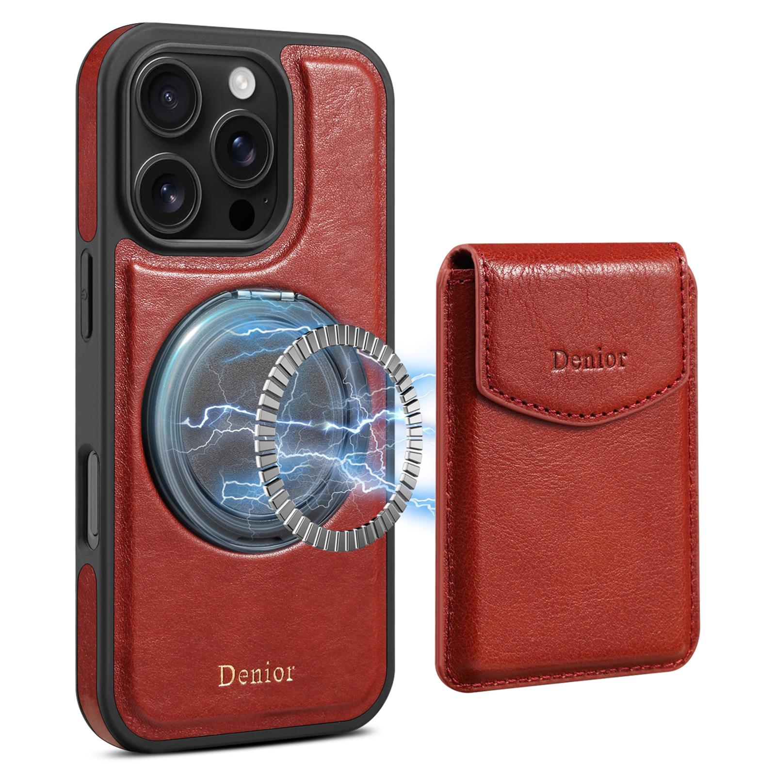 

DENIOR D22 Чехол для iPhone 16 Pro Max Съемный карман для карт Вращающаяся подставка Накладка на заднюю панель телефона из натуральной коровьей кожи Red