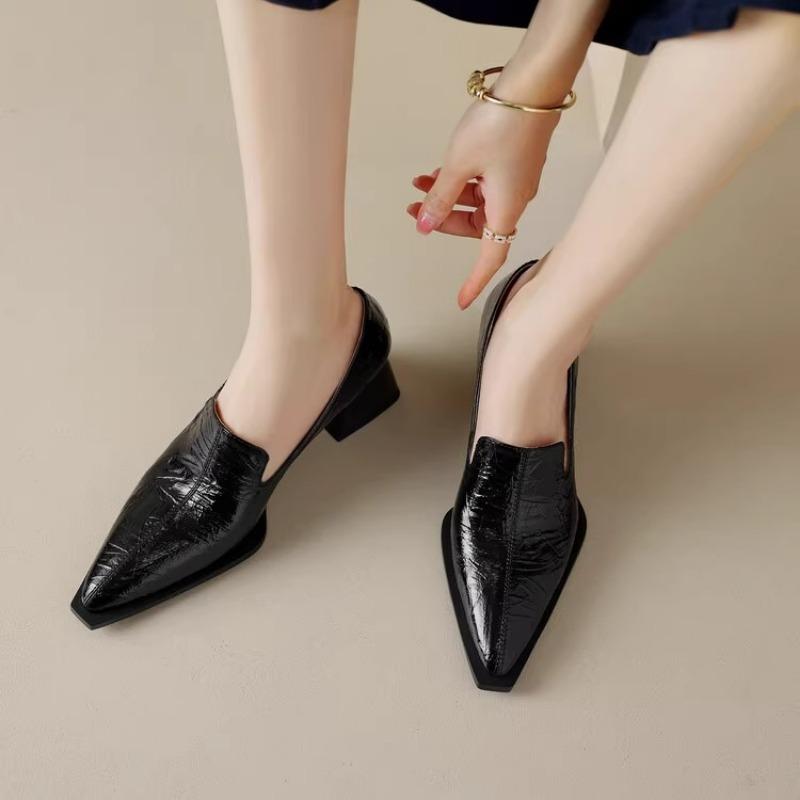 Fashion Spring New Coarse Heel Shoes Women's Pointed Head Deep Mouth Leather Waterproof Non-slip Low-top Shoes