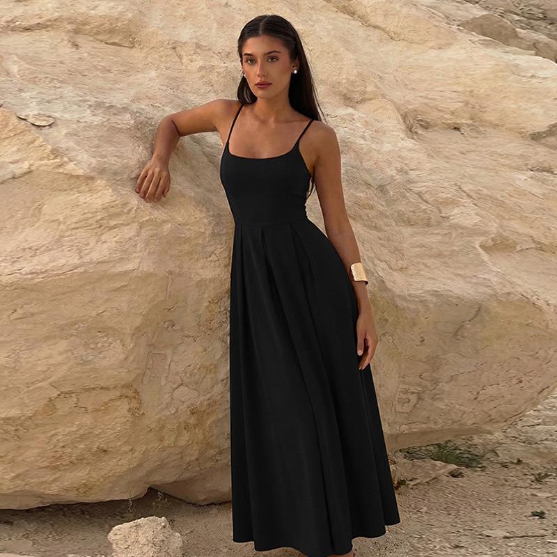 Women Solid Color Pleated High Waist Strappy Long Evening Party Dress