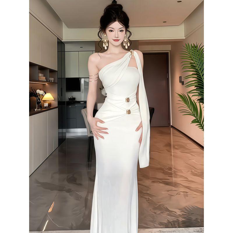 

Instahot French Style White Bra Dress Female Summer Sexy Irregular Slim-Fit Birthday Formal Dress White S