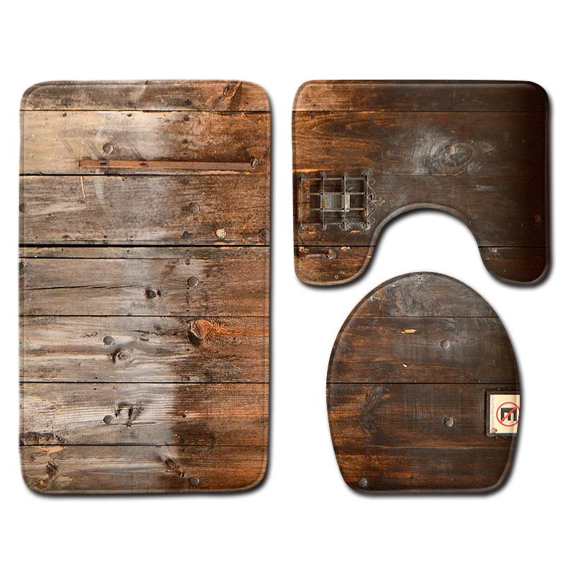 Wood Grain Board Texture Toilet Carpet Set Bathroom Non-Slip Floor Mat Doormat