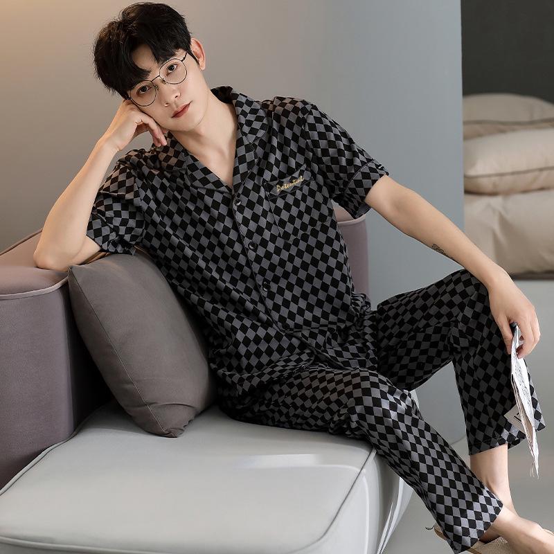 Men's Korean Style Summer Cotton Pajama Set - Short Sleeve & Pants, 3-Piece Casual Homewear.