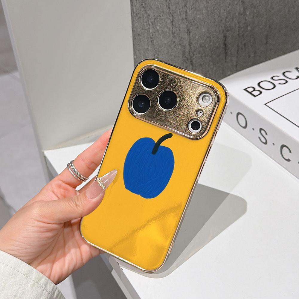 

Lucky Start Phone Case For iPhone 17 16 15 14 13 12 11 Pro Max 16E Gold Electroplated glass shell Blue Apple on Yellow Cover IPHONE17PROMAX