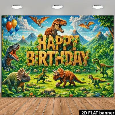 2D Flaches Dinosaurier-Geburtstagsbanner, Jurassic Jungle und Dinosaurier-Szene für Kinderparty