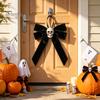 Vintage Style Hanging Ornament Halloween Velvet Bows with Skull Ornaments for Tree Decoration, Black Bow Pendant Gothic Flannel Home Holiday
